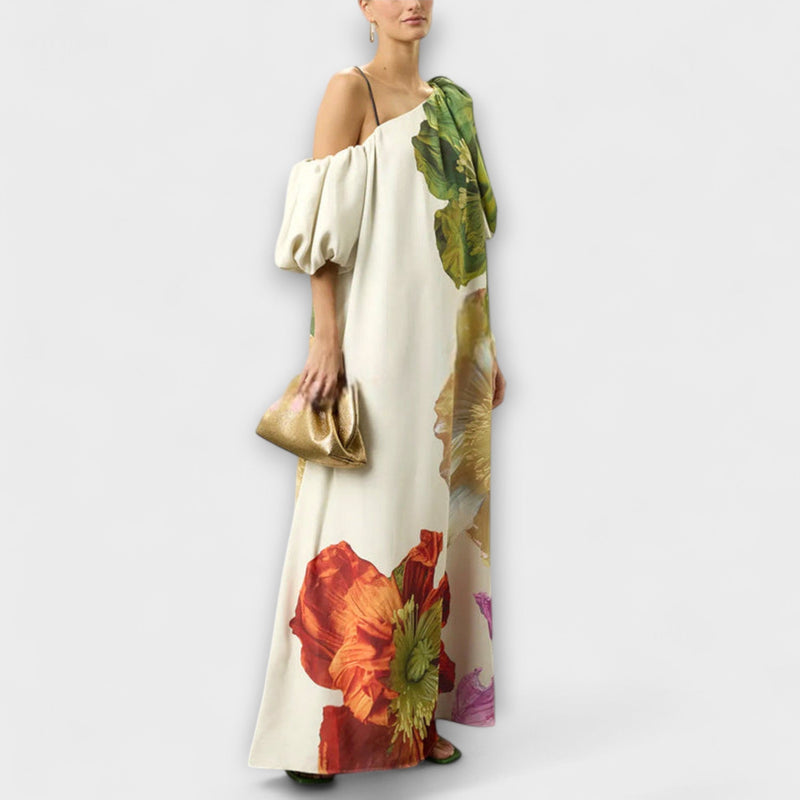 Skylar - Vestito maxi con stampa floreale, scollo asimmetrico e maniche a sbuffo