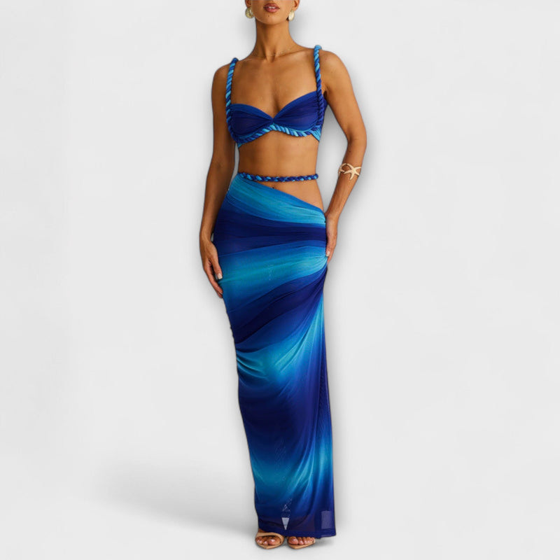 Jane - Elegante Top Corto con Intreccio in Degradé e Doppia Gonna