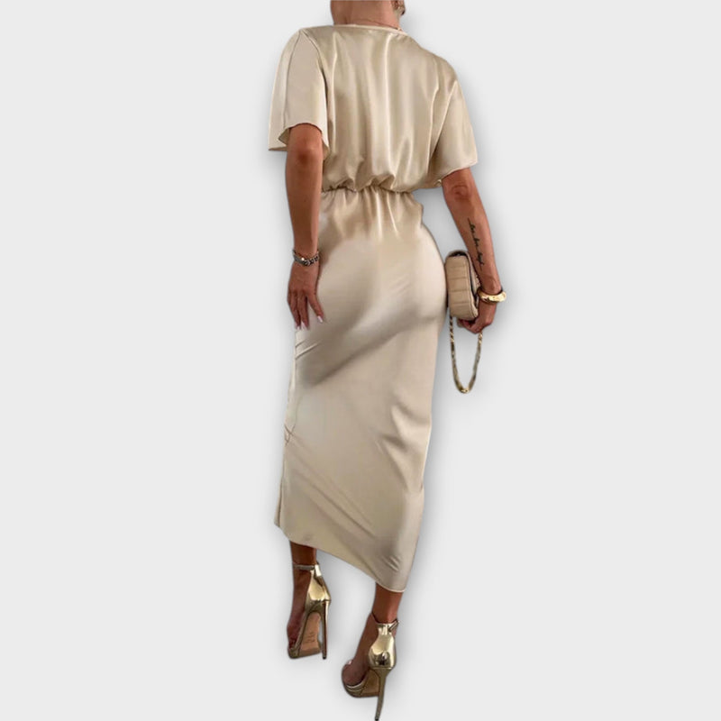 Sable - Vestito Maxi Slim Fit in Raso con Scollatura a V e Nodo Incrociato