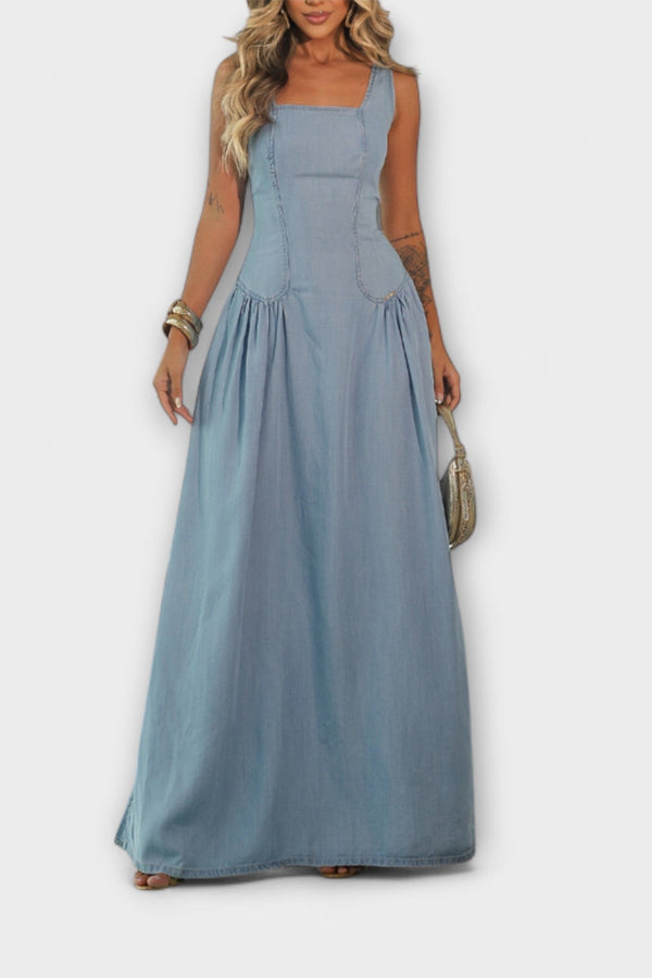 Lux - Vestito senza spalline in Denim Blu