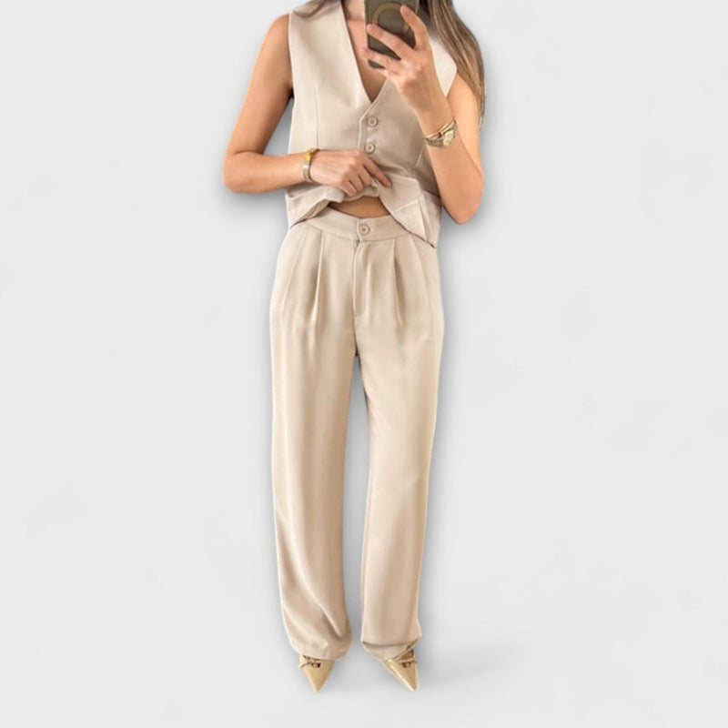 Hazel - Completo di due pezzi con gilet e pantaloni di colore solido con scollatura a V