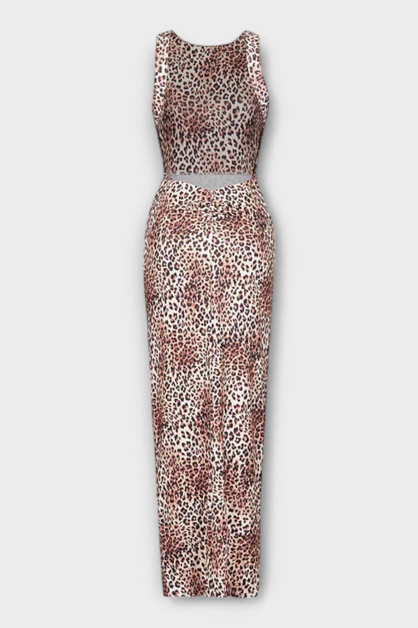 Della - Vestito maxi con stampa leopardata e scollatura sulla schiena