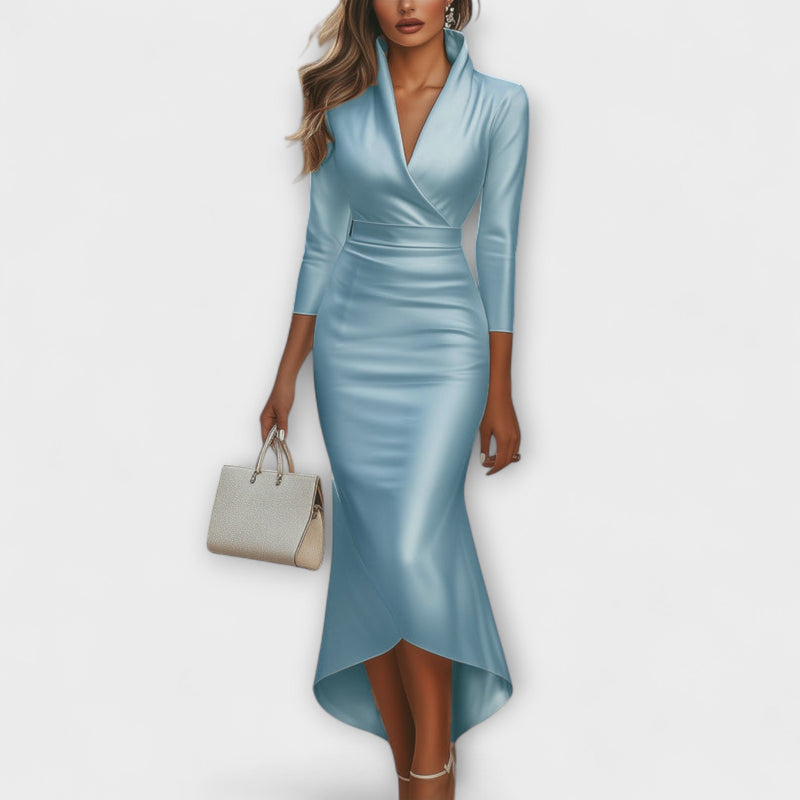 Rebecca - Elegante vestito midi in satin bianco con scollatura a V