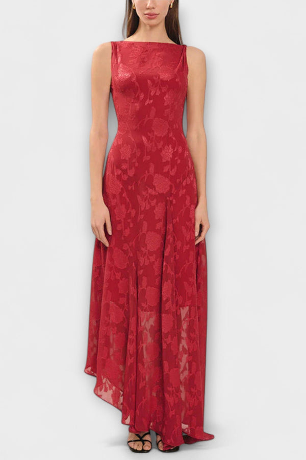 Opale - Elegante vestito maxi in jacquard con schiena scoperta