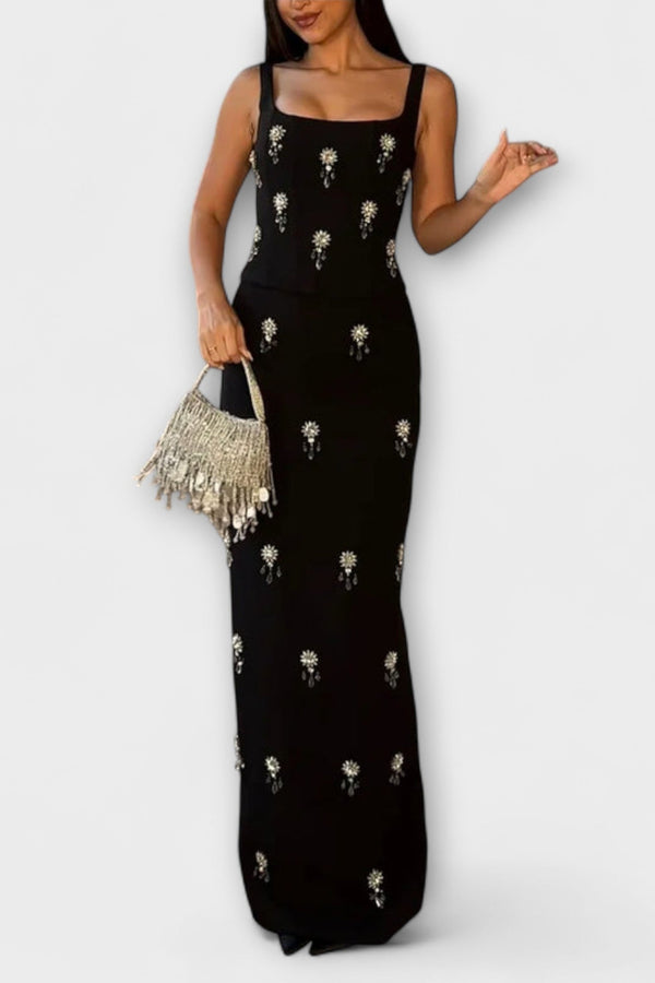 Avalon - Completo top e gonna con cerniera di perle nere