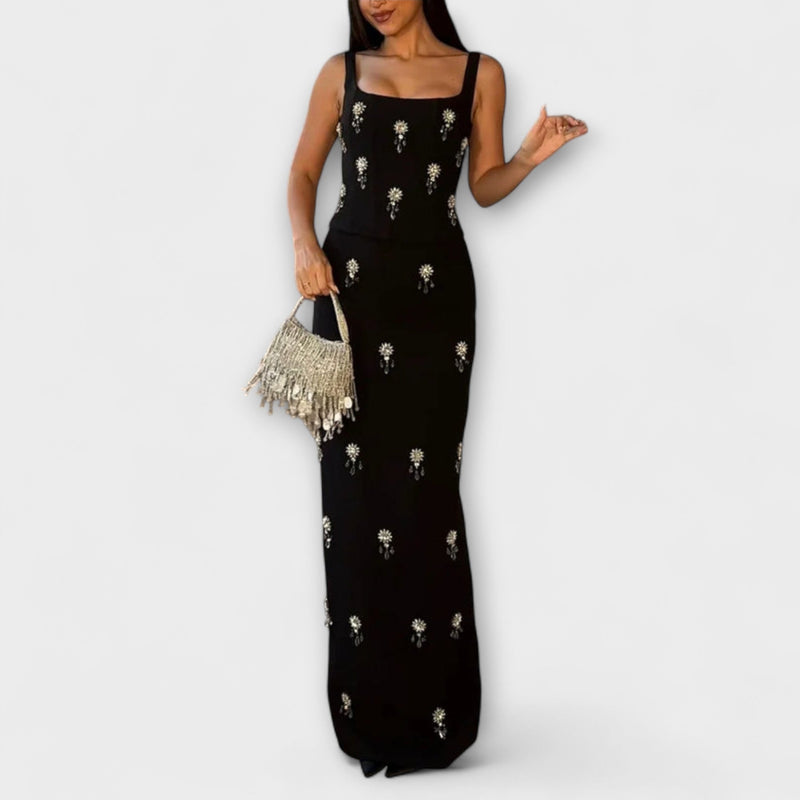 Avalon - Completo top e gonna con cerniera di perle nere