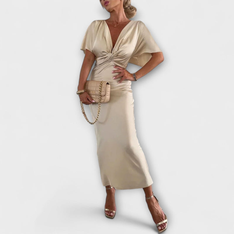 Sable - Vestito Maxi Slim Fit in Raso con Scollatura a V e Nodo Incrociato