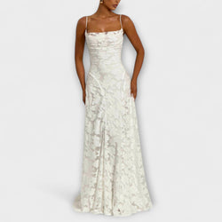 Kairi - Elegante vestito maxi in pizzo floreale bianco con spalline sottili