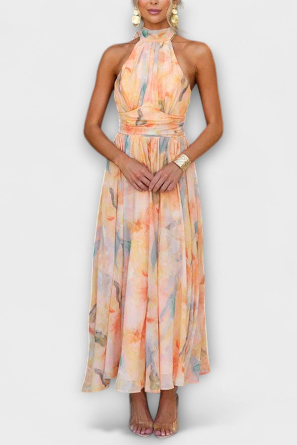 Vestito Maxi con Spalline e Stampa Acquerellata