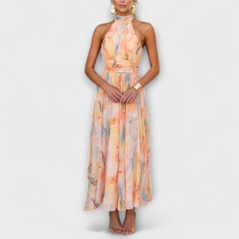 Vestito Maxi con Spalline e Stampa Acquerellata