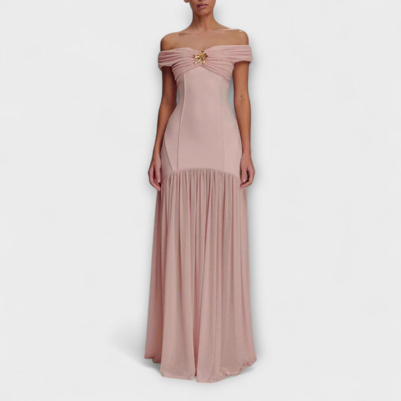 Maelie - Elegante vestito maxi aderente senza spalline con decorazioni floreali