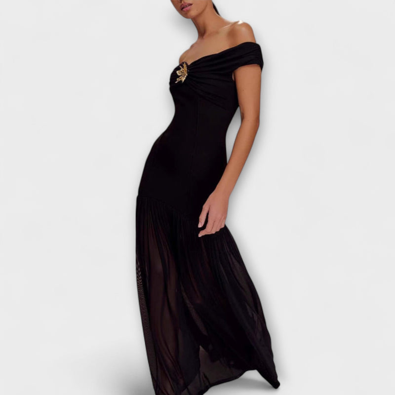 Maelie - Elegante vestito maxi aderente senza spalline con decorazioni floreali