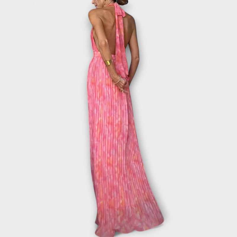 Seraphina - Elegante vestito maxi plissettato con scollo a V e collo all'americana