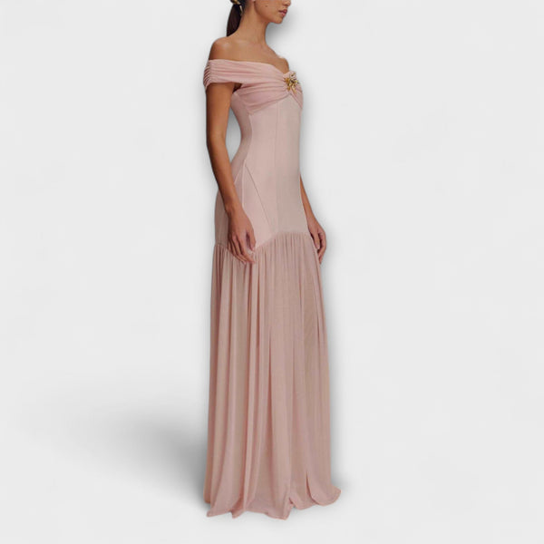 Maelie - Elegante vestito maxi aderente senza spalline con decorazioni floreali