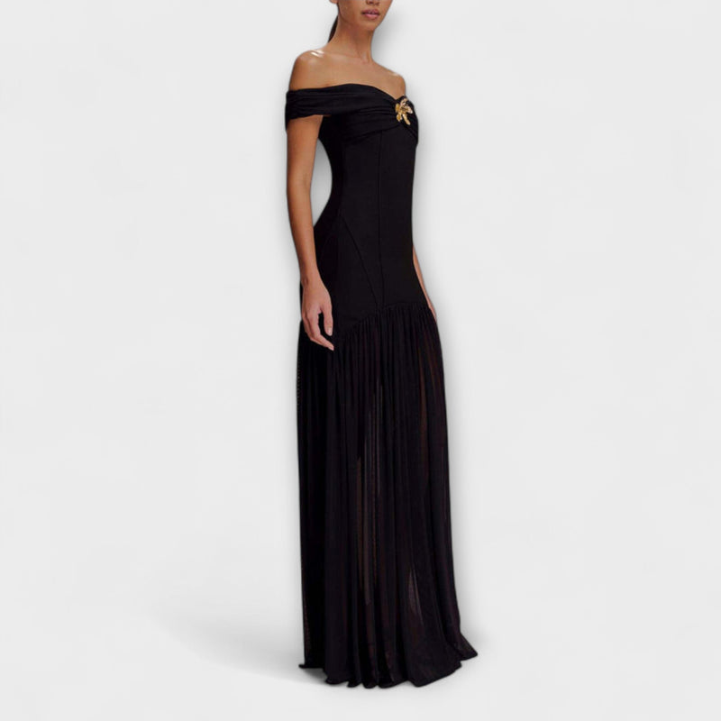 Maelie - Elegante vestito maxi aderente senza spalline con decorazioni floreali