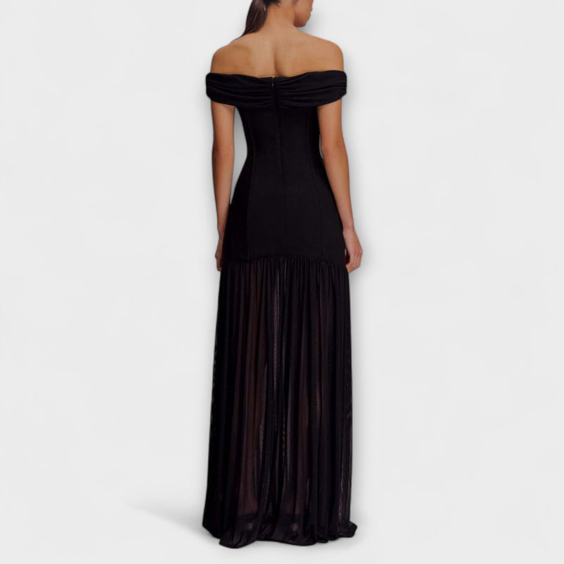 Maelie - Elegante vestito maxi aderente senza spalline con decorazioni floreali