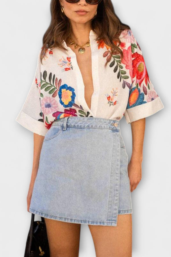 Ziva - Carla Camicia a Maniche Corte con Stampa di Fiori