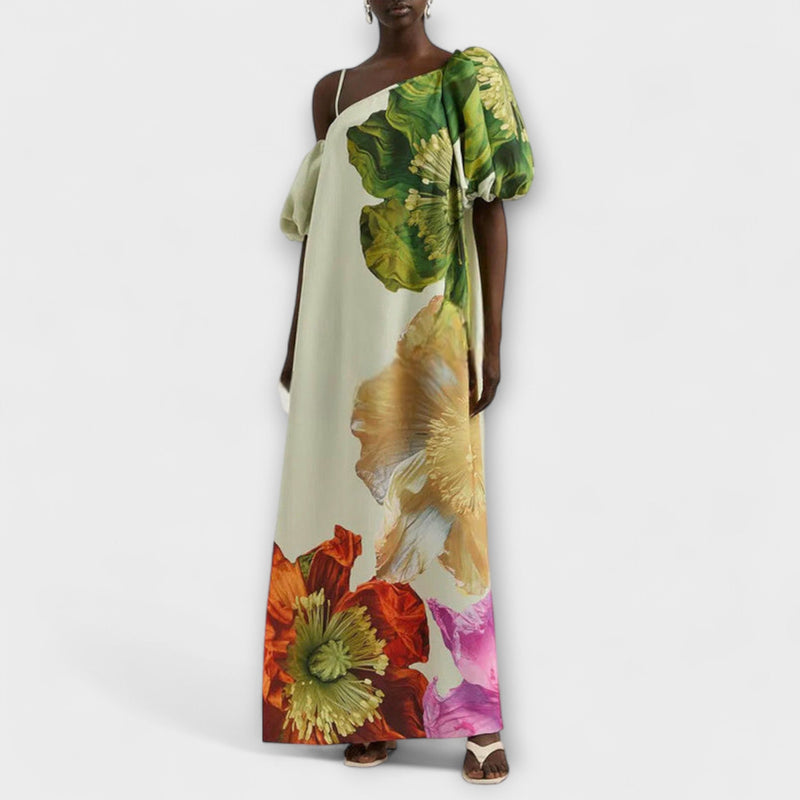 Skylar - Vestito maxi con stampa floreale, scollo asimmetrico e maniche a sbuffo