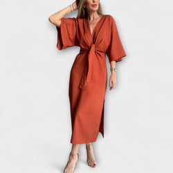 Holly - Abito casual in cotone-lino con scollatura a V e lacci