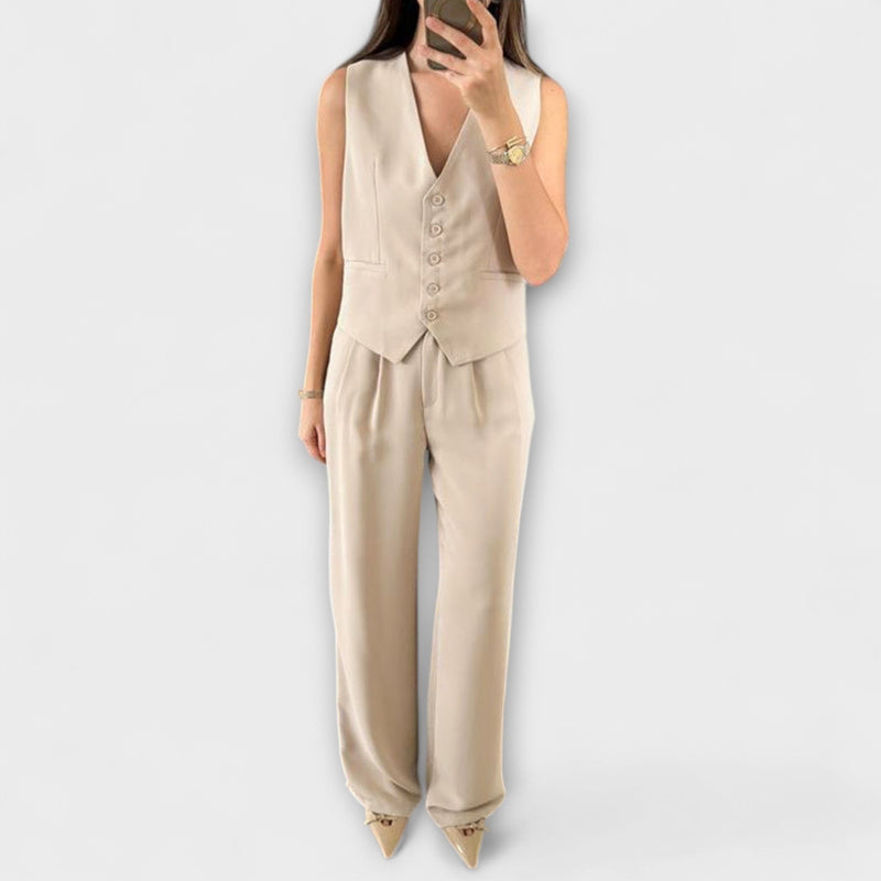 Hazel - Completo di due pezzi con gilet e pantaloni di colore solido con scollatura a V