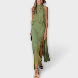 Kaia - Blusa in raso con pizzo e scollo plissettato in abbinamento