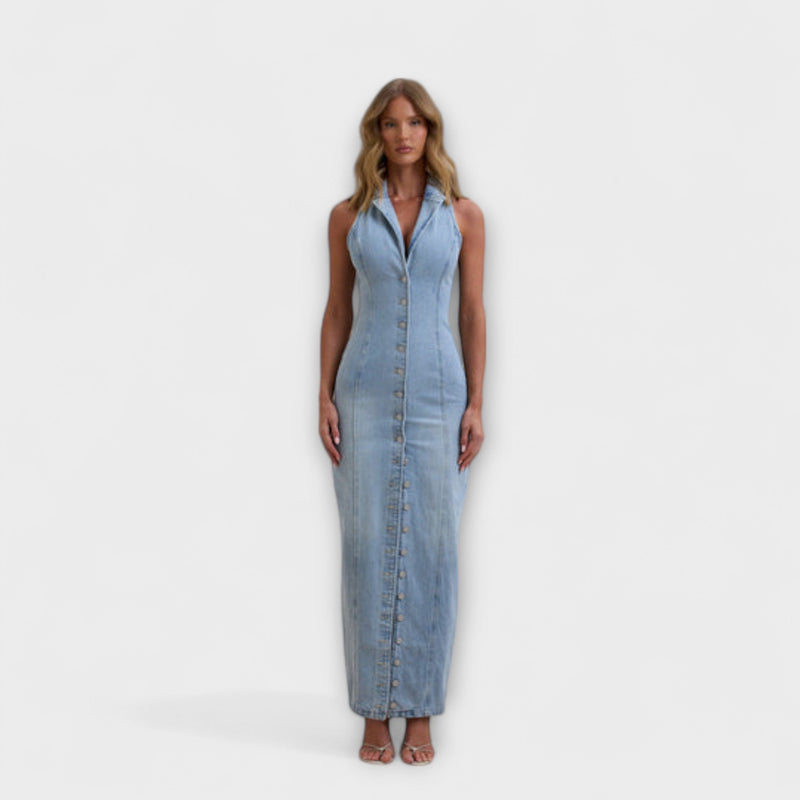 Lacey - Vestito Maxí in Denim Lavaggio Medio