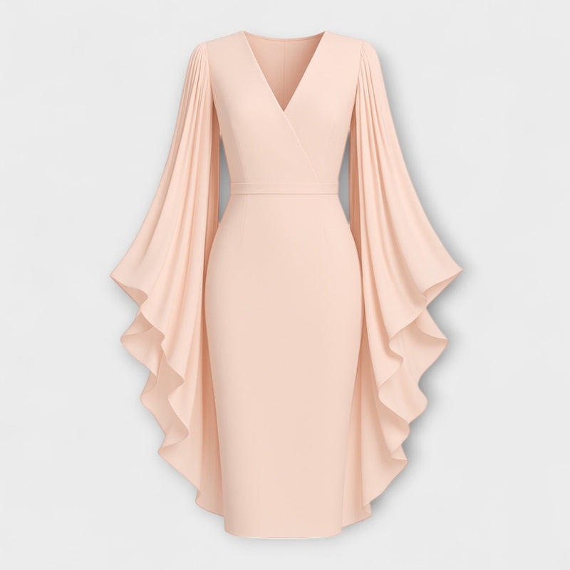 Rachel - Vestito midi color rosa con scollatura a V e maniche in georgette