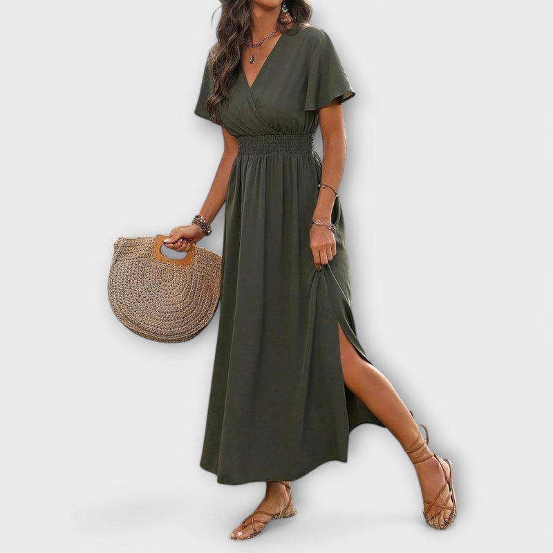 Heather - Elegante vestito boho con scollo a V e maniche lunghe