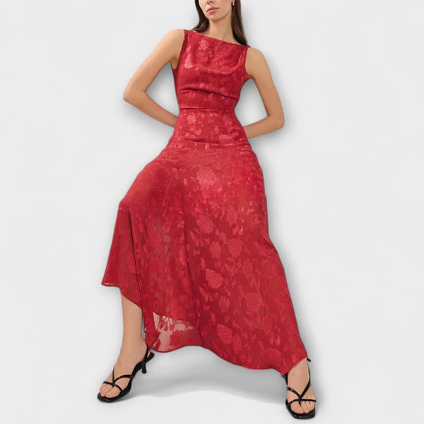 Opale - Elegante vestito maxi in jacquard con schiena scoperta