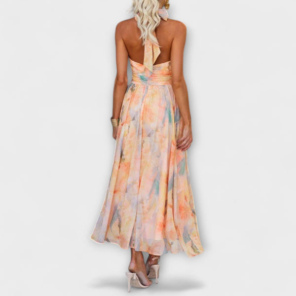 Vestito Maxi con Spalline e Stampa Acquerellata