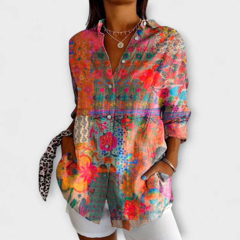 Camicia da Donna con Stampa di Fiori e Maniche Lunghe