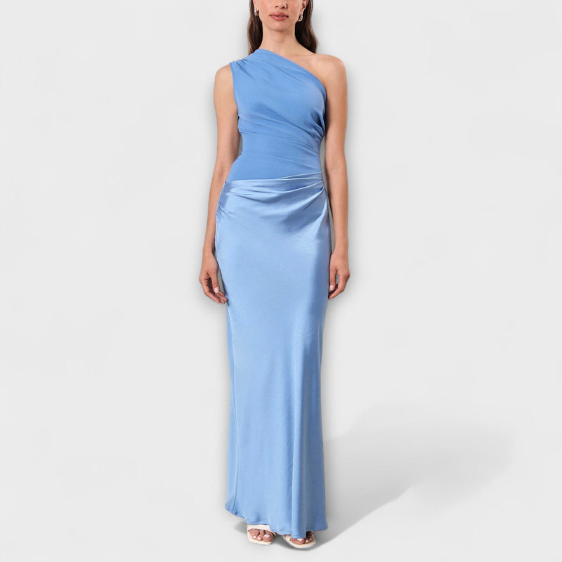 Elegante vestito maxi a spalla unica con pieghe