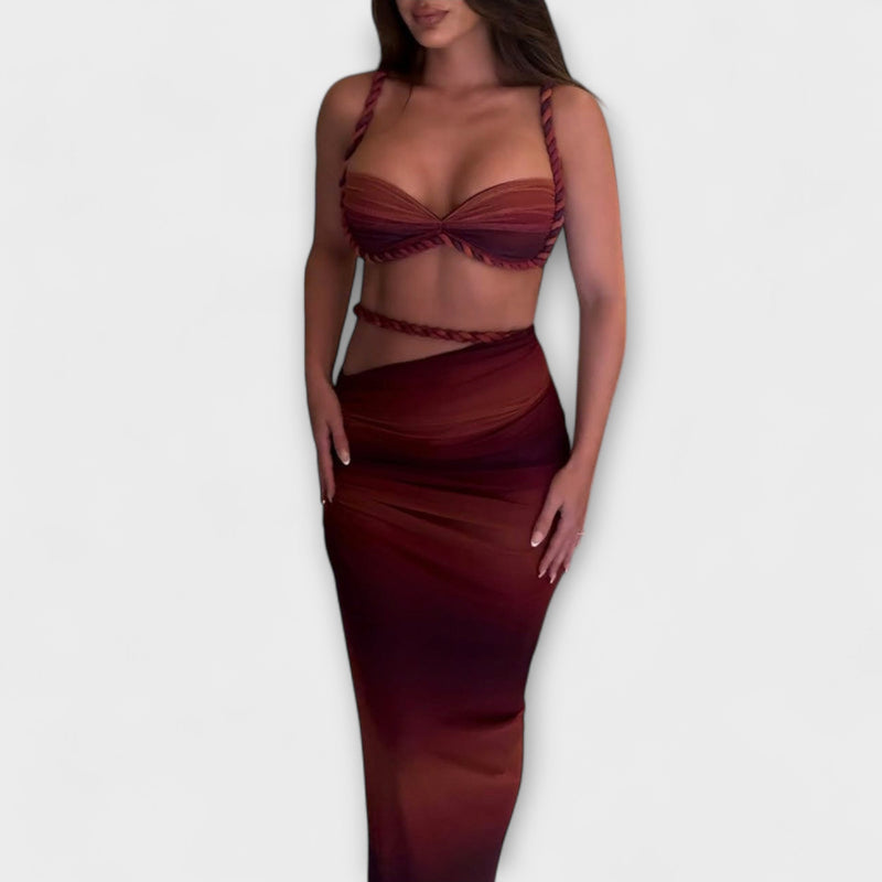 Jane - Elegante Top Corto con Intreccio in Degradé e Doppia Gonna