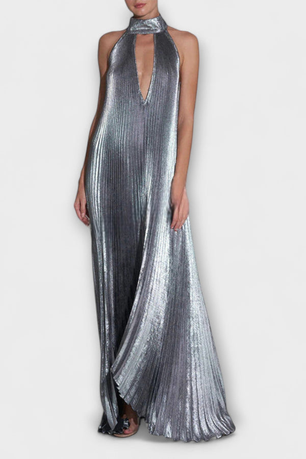Calliope - Vestito Maxilungo A-Line Metallico con Pieghe