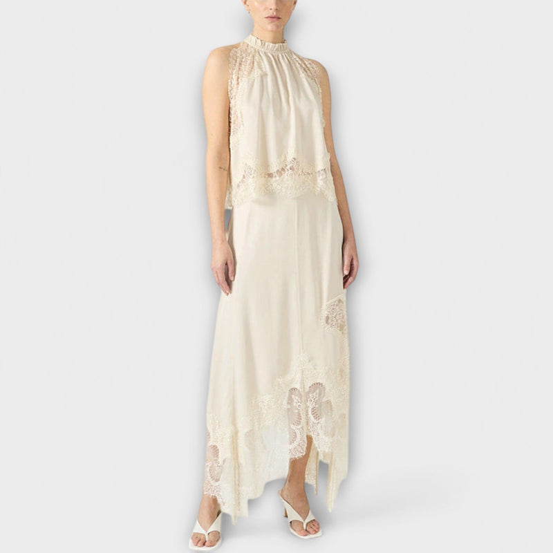 Kaia - Blusa in raso con pizzo e scollo plissettato in abbinamento