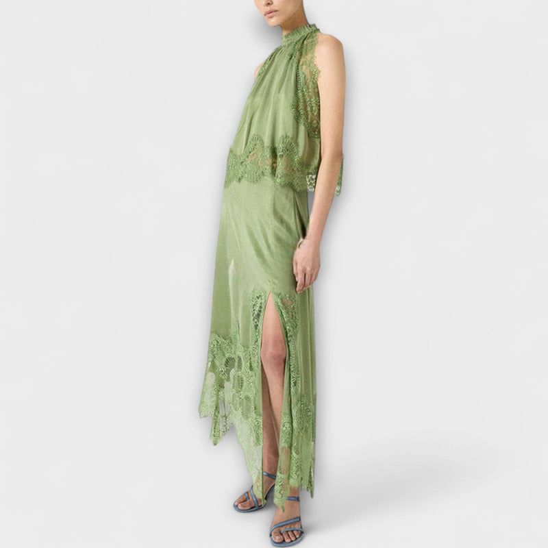 Kaia - Blusa in raso con pizzo e scollo plissettato in abbinamento