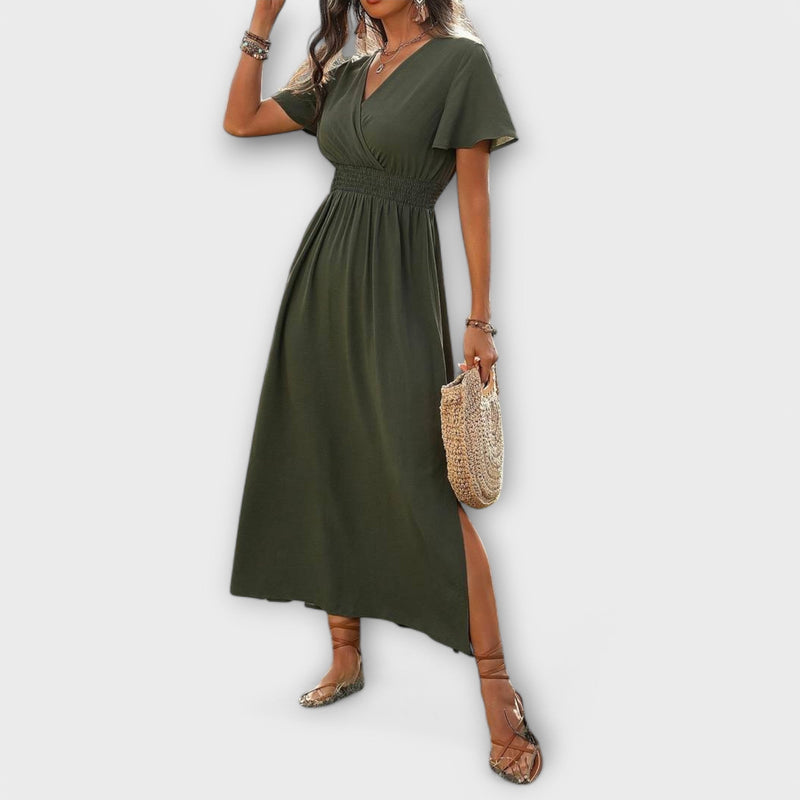 Heather - Elegante vestito boho con scollo a V e maniche lunghe