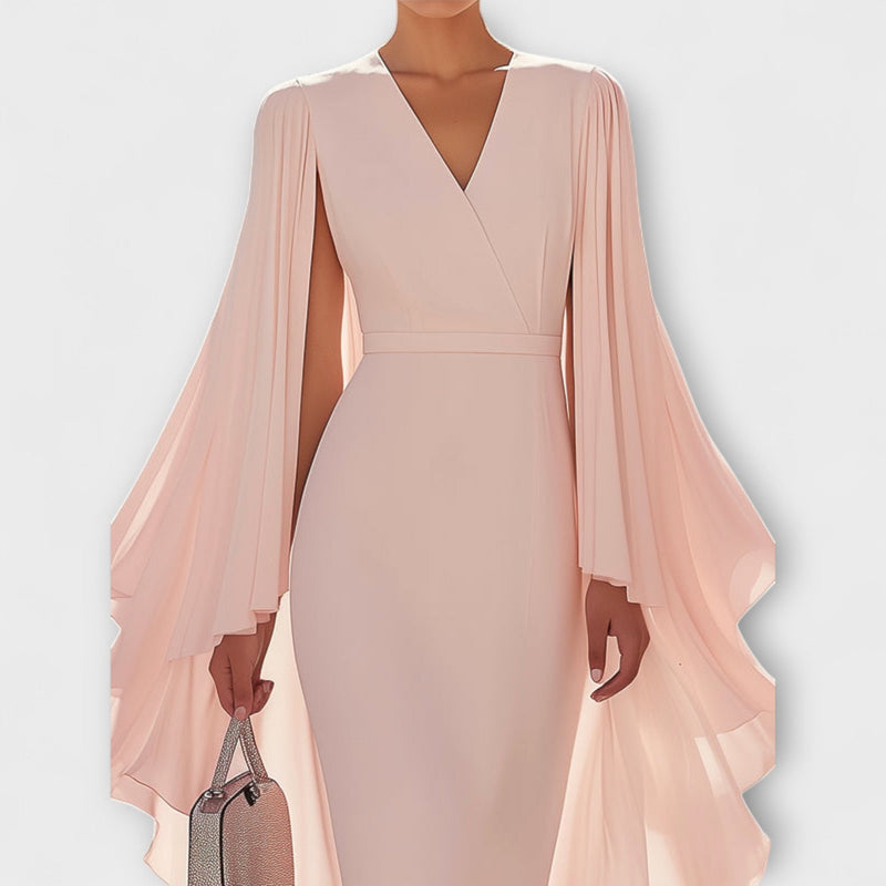 Rachel - Vestito midi color rosa con scollatura a V e maniche in georgette