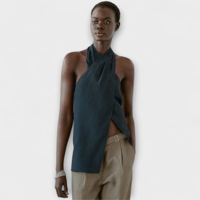 Hannah - Top a Collo Halter Blu con Scollatura sulla Schiena