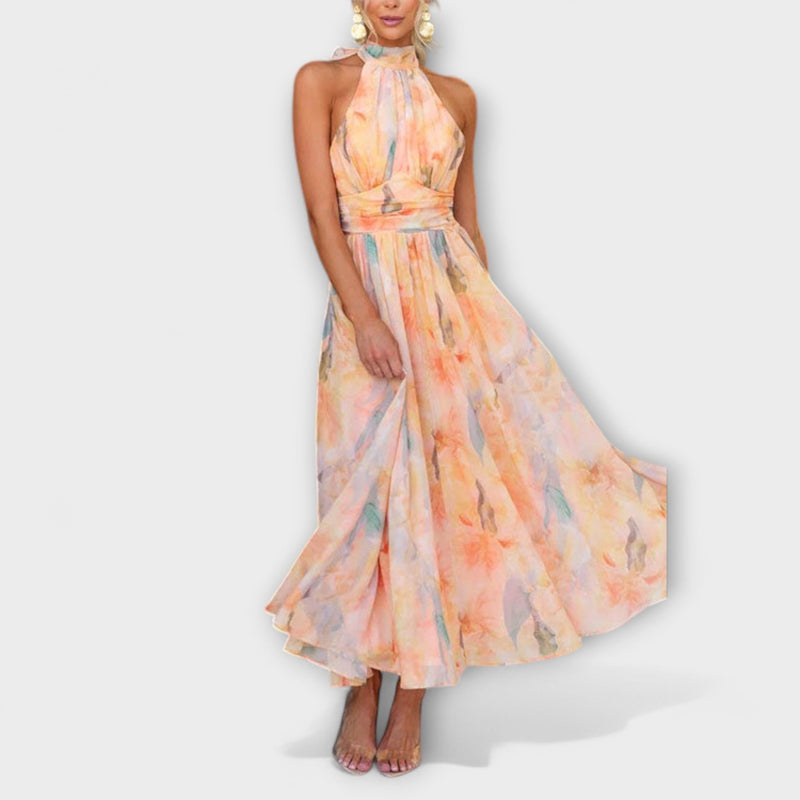 Vestito Maxi con Spalline e Stampa Acquerellata