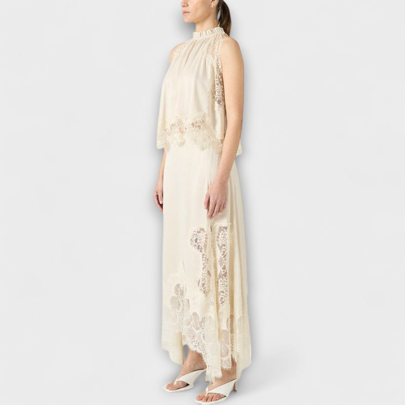 Kaia - Blusa in raso con pizzo e scollo plissettato in abbinamento