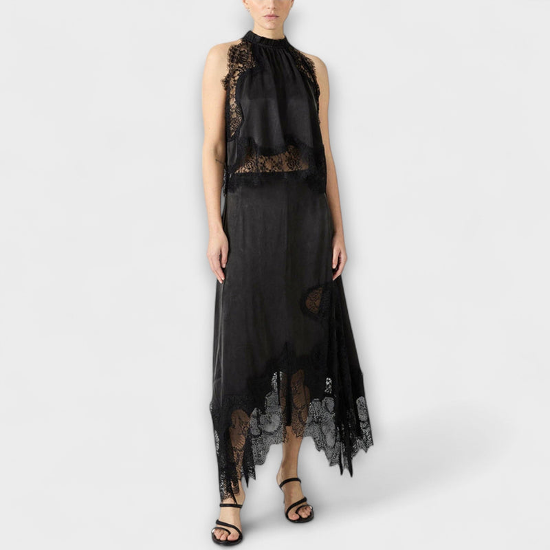 Kaia - Blusa in raso con pizzo e scollo plissettato in abbinamento