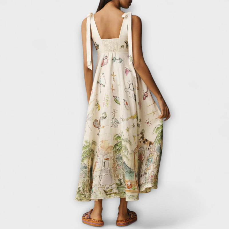 Juliette - Vestito midi in lino dipinto con nastro di balletto