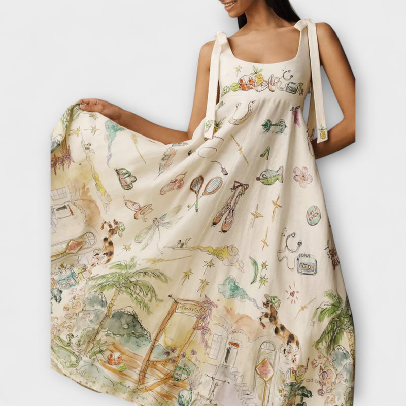 Juliette - Vestito midi in lino dipinto con nastro di balletto
