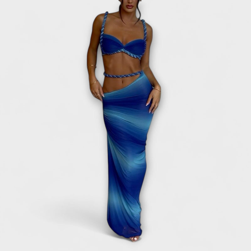 Jane - Elegante Top Corto con Intreccio in Degradé e Doppia Gonna