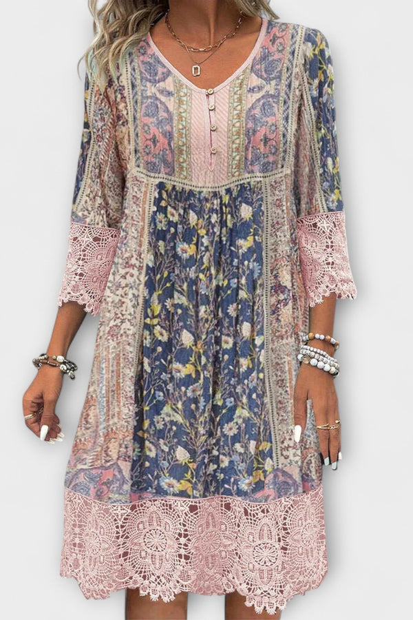 Casey - Vestito Boho con pizzo e stampa floreale vintage