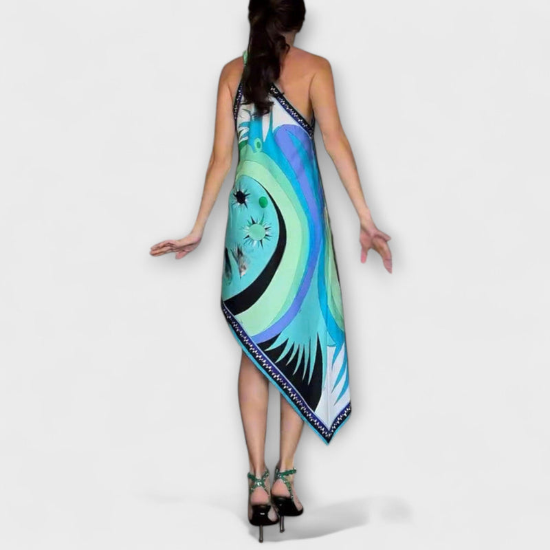 Esme - Vestito midi in satin con stampa unica e orlo asimmetrico