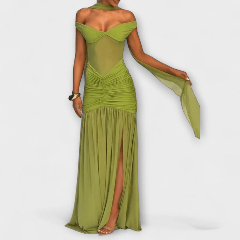 Nicole - Vestito Maxì con Scollatura a V Colore Oliva