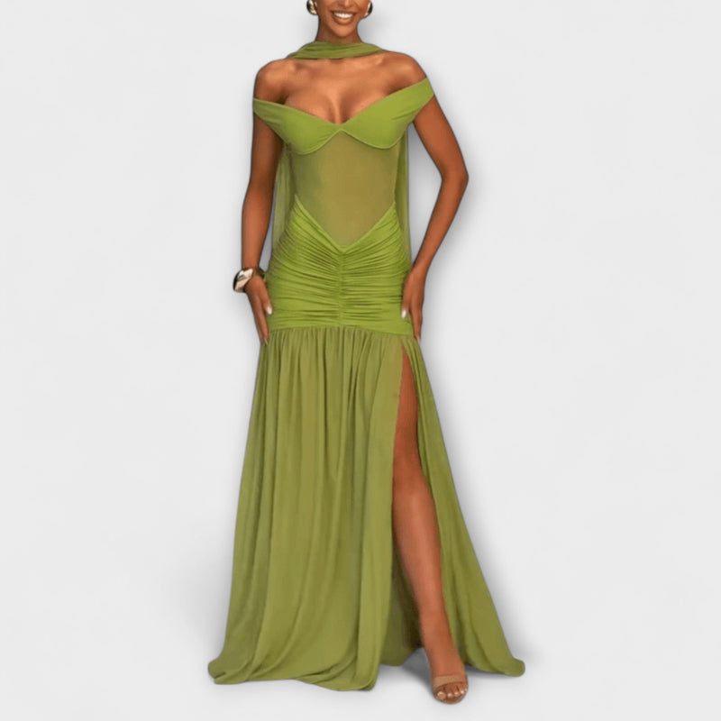 Nicole - Vestito Maxì con Scollatura a V Colore Oliva