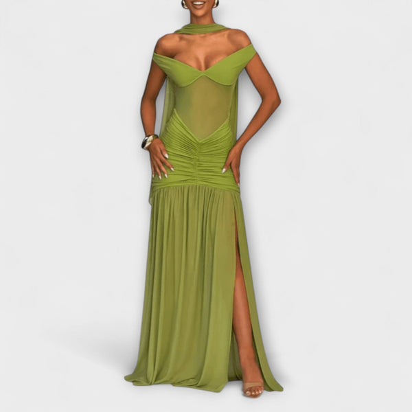 Nicole - Vestito Maxì con Scollatura a V Colore Oliva